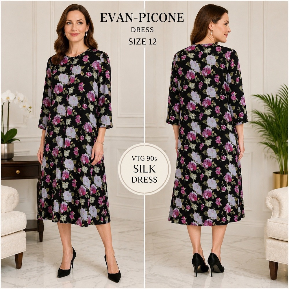 Evan-Picone Vintage 90s‎ Silk Floral Midi Dress 12 Black Pink Purple 3/4 Sleeve